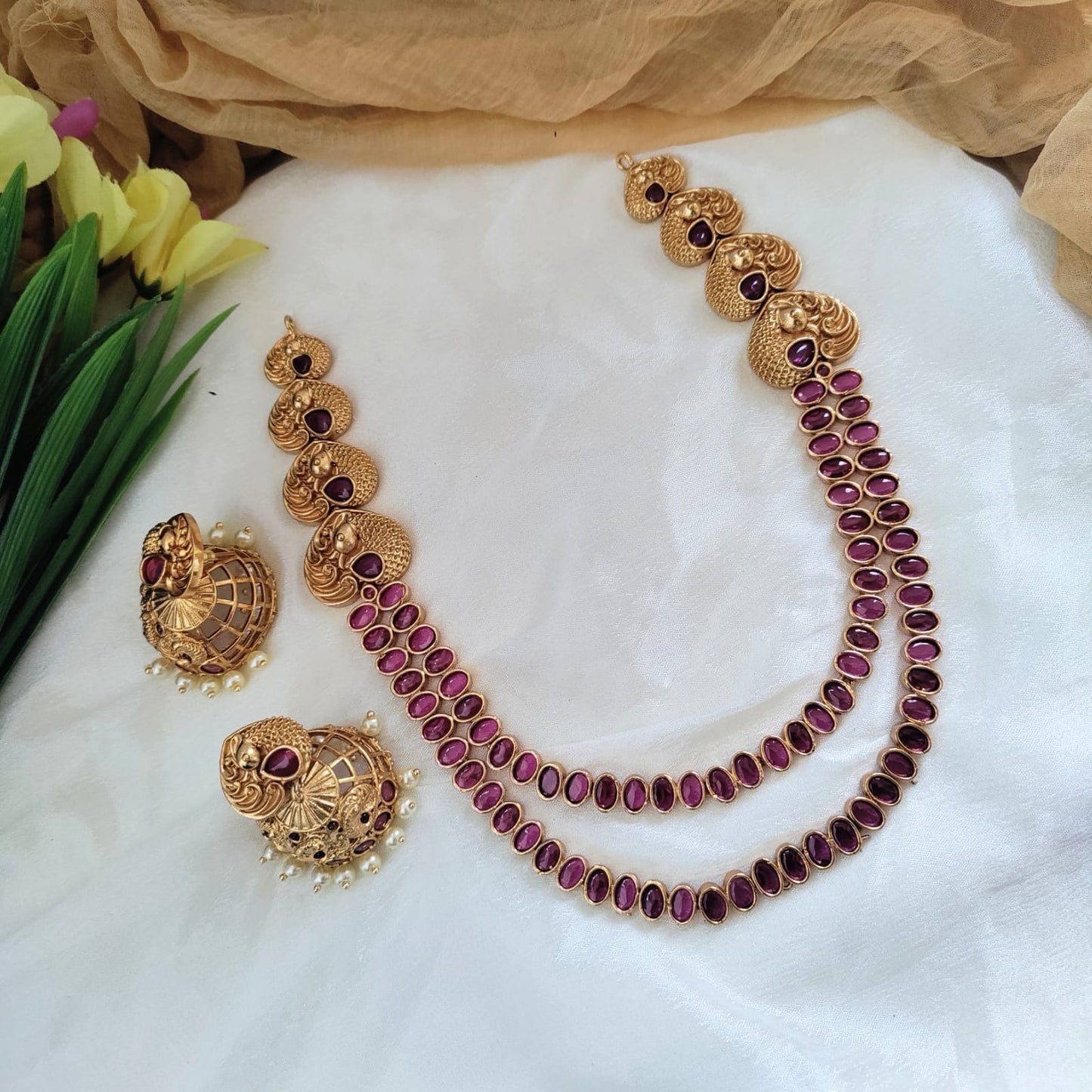 2 leyar ruby kemp stone necklace set