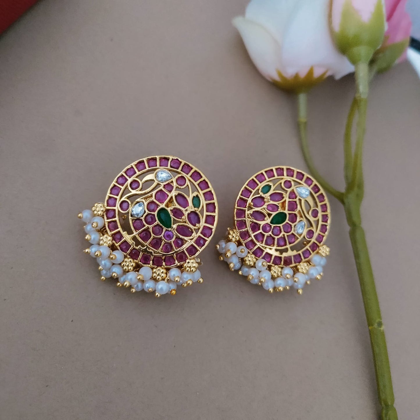 Peacock ruby stone pearl earring