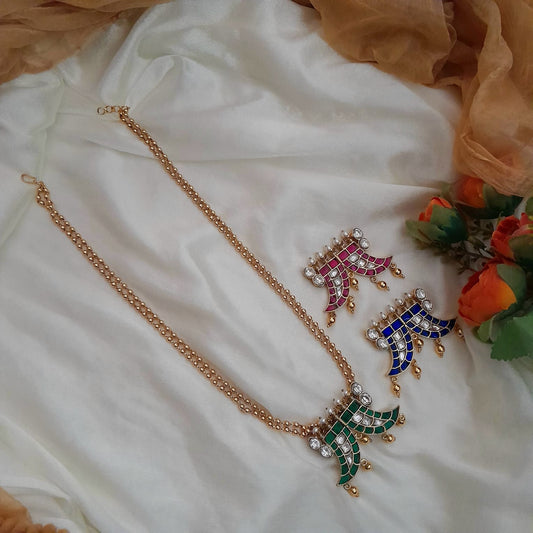 Twin Mango shaped pendant long Chain - Jadau Kundan