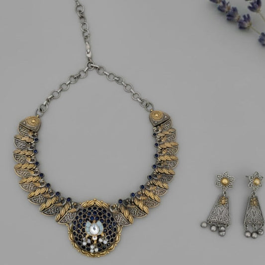 Peacock Blue stone dualtone necklace set