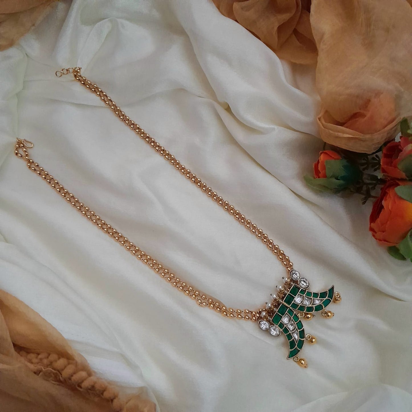 Twin Mango shaped pendant long Chain - Jadau Kundan