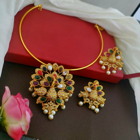 Navratna stone peacock pendant hasli