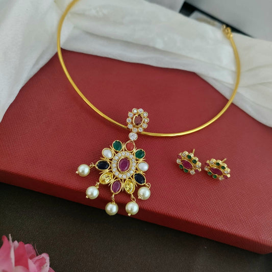 Navratna stone studded pendant hasli