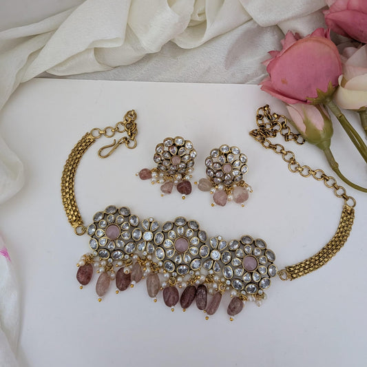 Peach white stone chocker necklace set