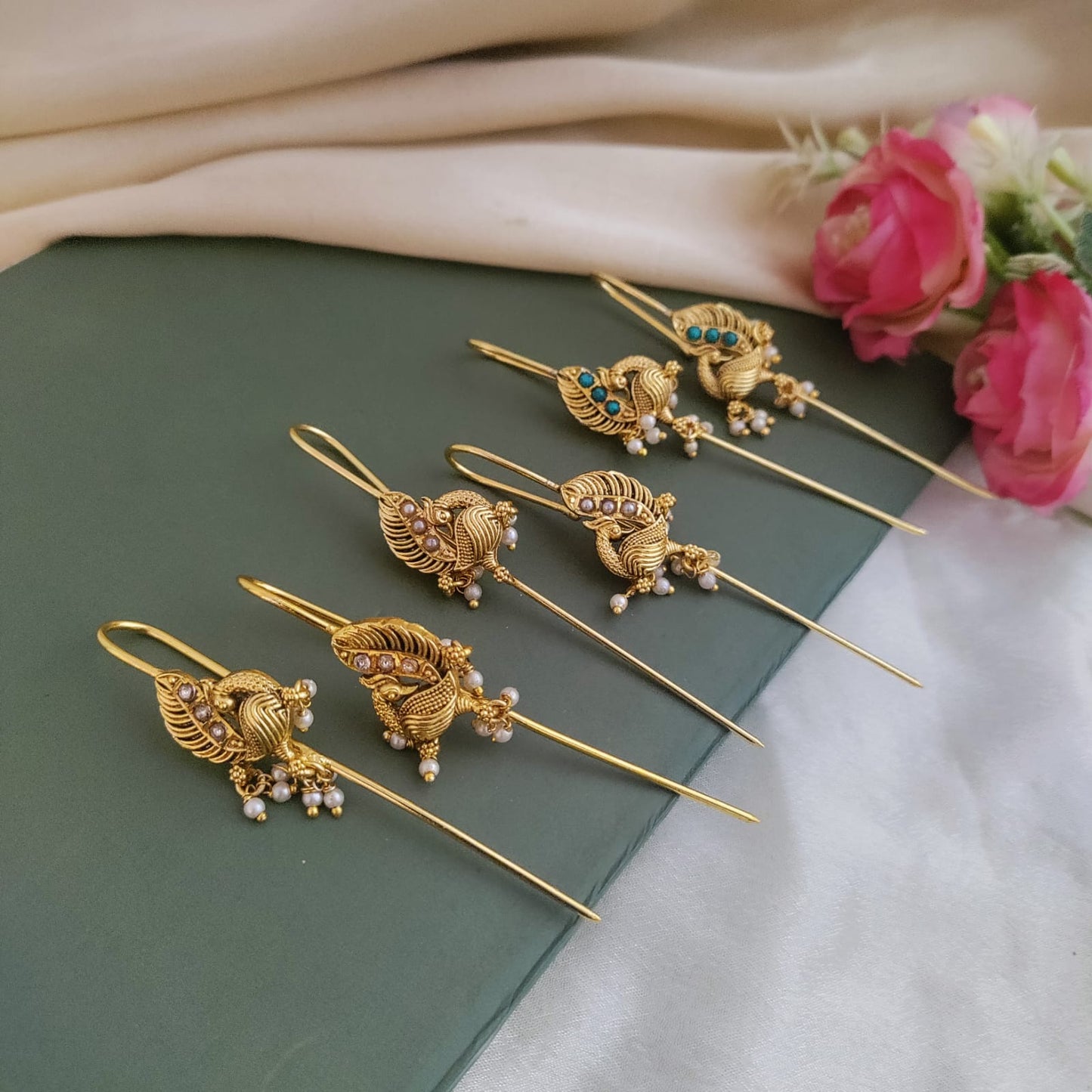 Jadau Kundan Needle Ear Cuff/Bugadi - Peacock Design