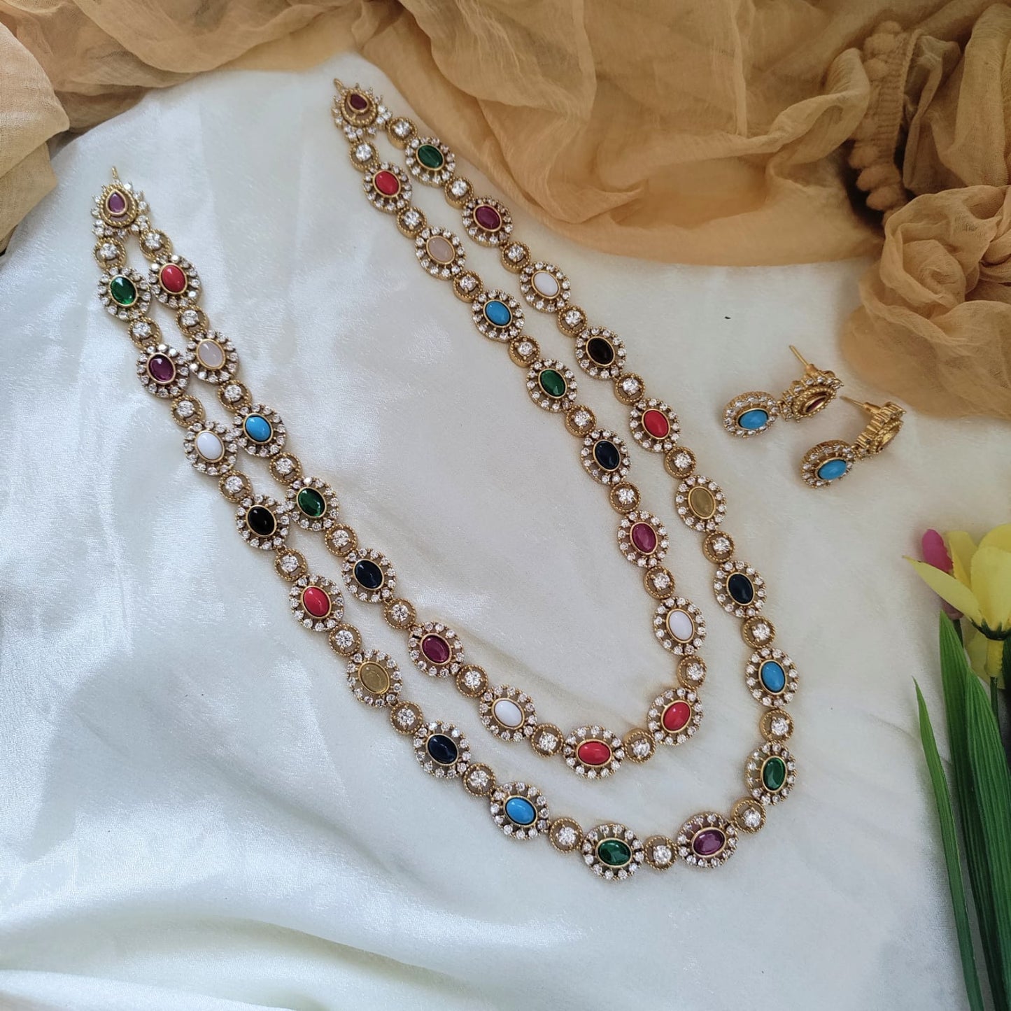 2 layer multi stone long necklace set