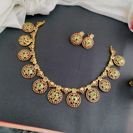 Round motif ruby kemp stone necklace set