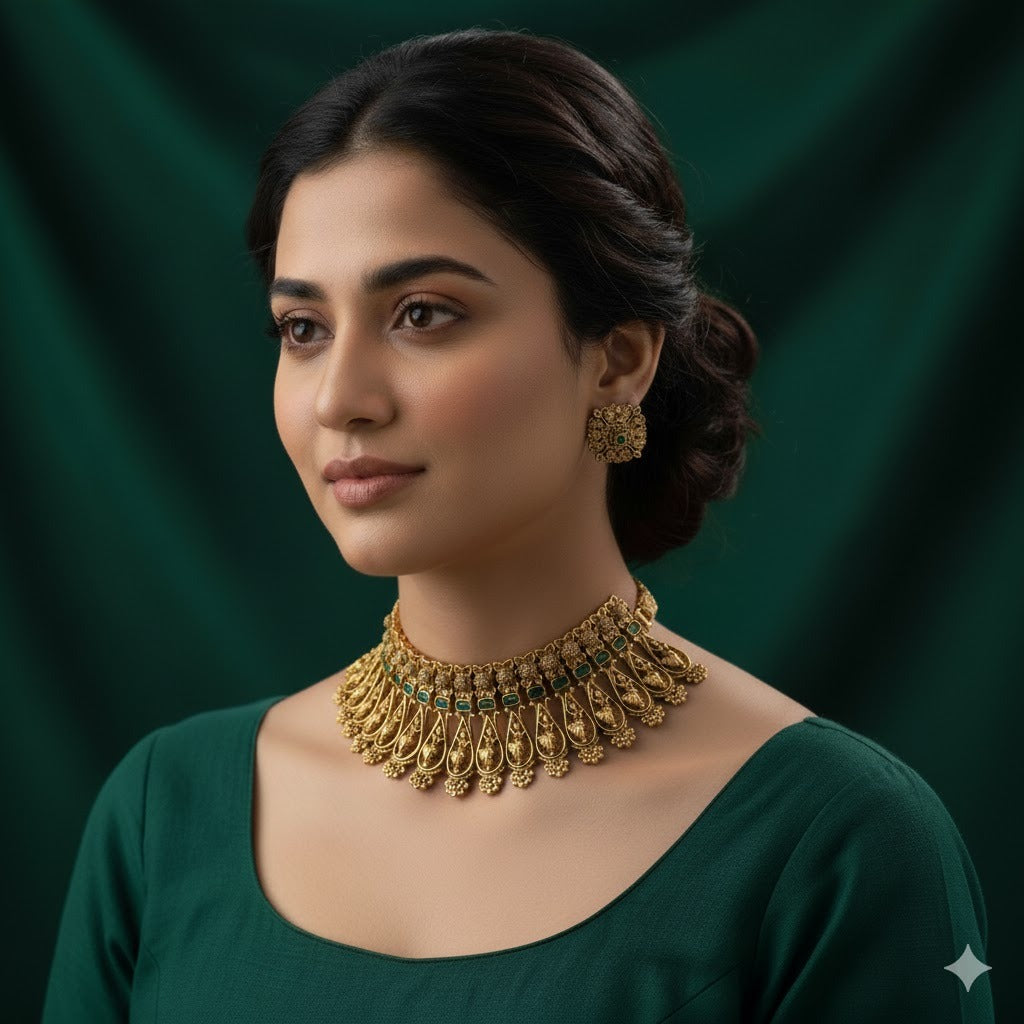 Non Idol bridal choker with green stone
