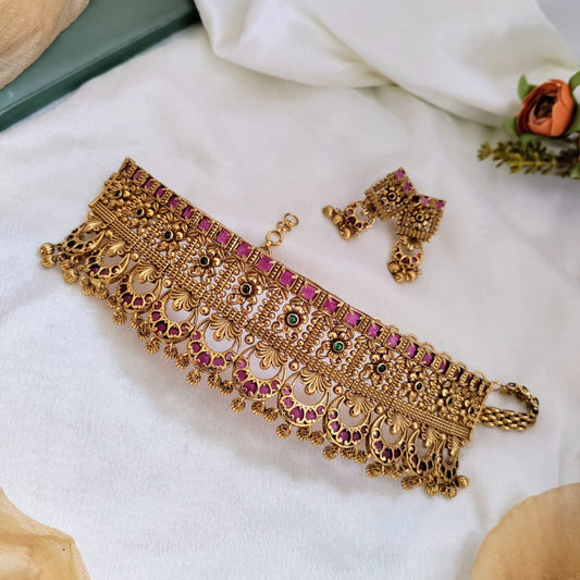 Ruby-studded floral bridal choker necklace