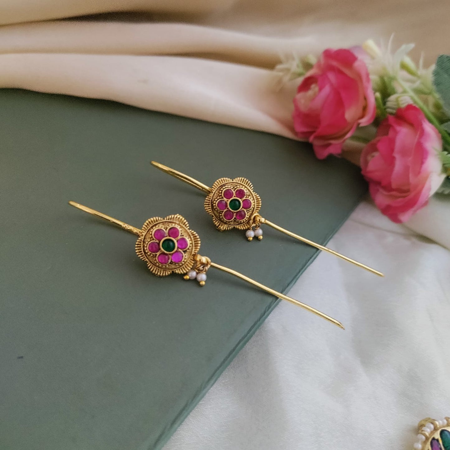 Jadau Kundan earcuff Floral design- Needle pin