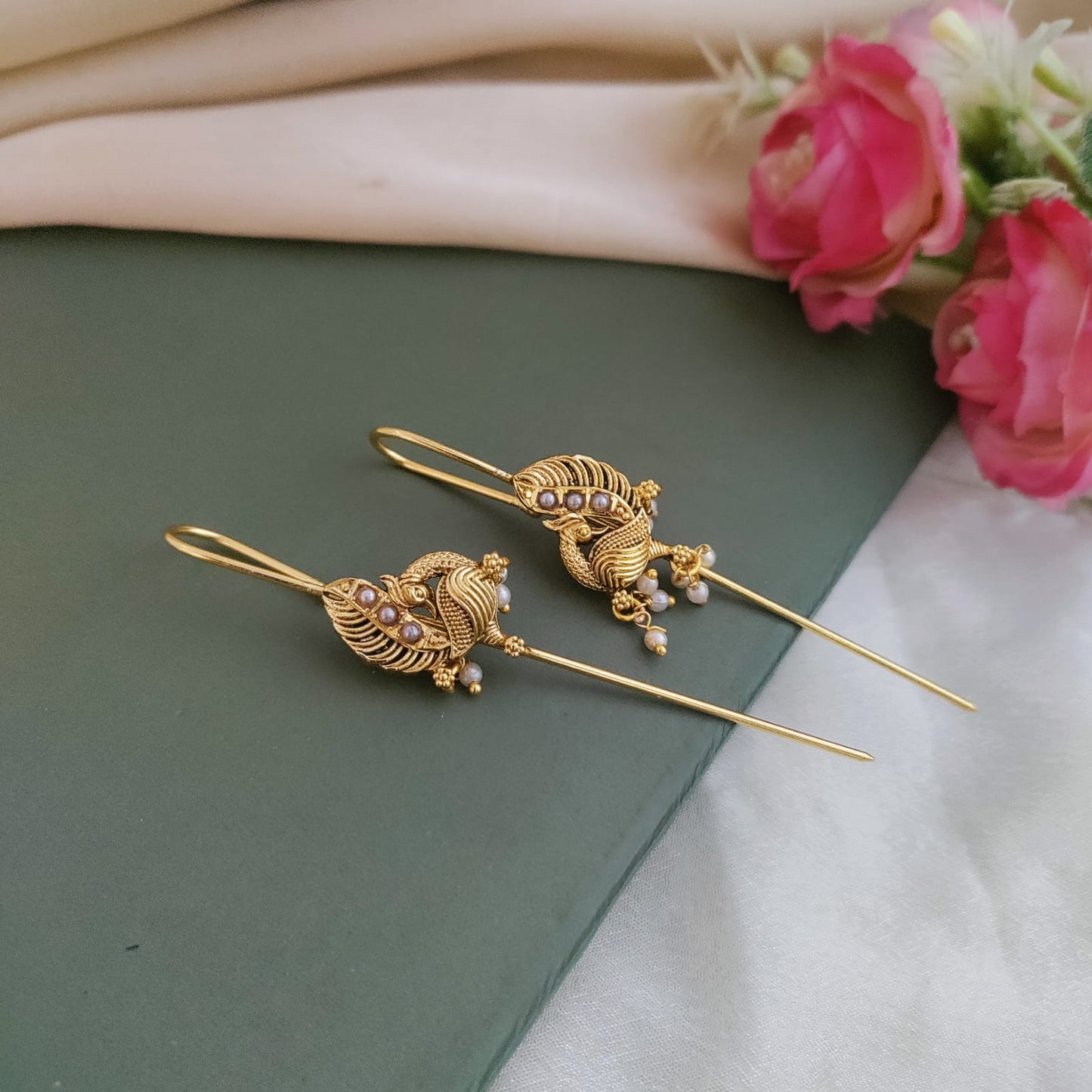 Jadau Kundan Needle Ear Cuff/Bugadi - Peacock Design