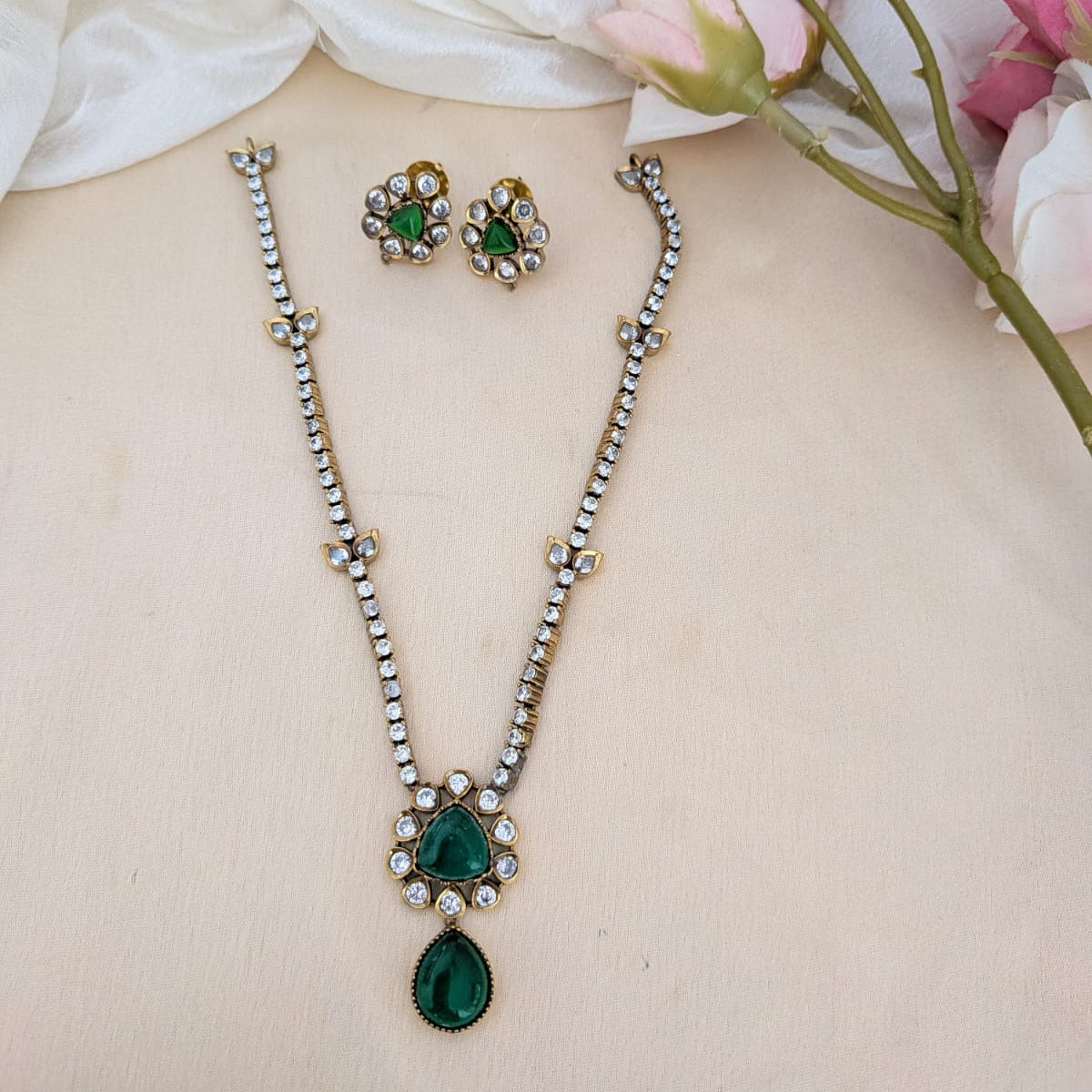 Simple kundan stone necklace set  Green