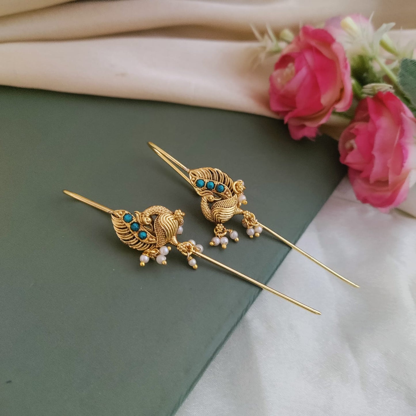 Jadau Kundan Needle Ear Cuff/Bugadi - Peacock Design