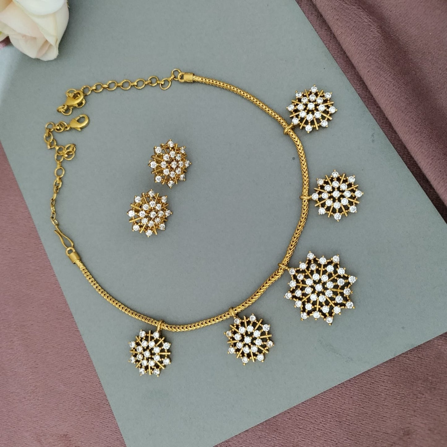 Dainty Snowflake Diamond look alike ad necklace set