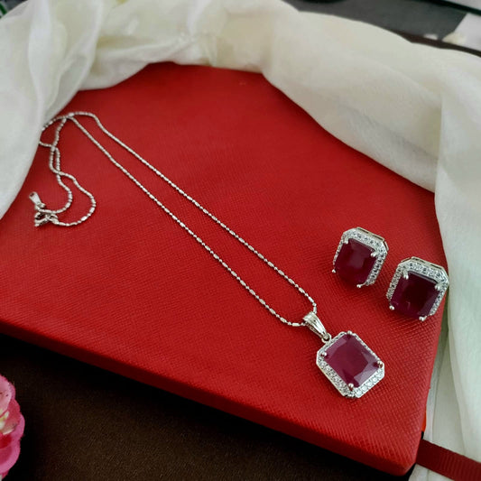 Ruby with white stone small pendant chain Silver finish