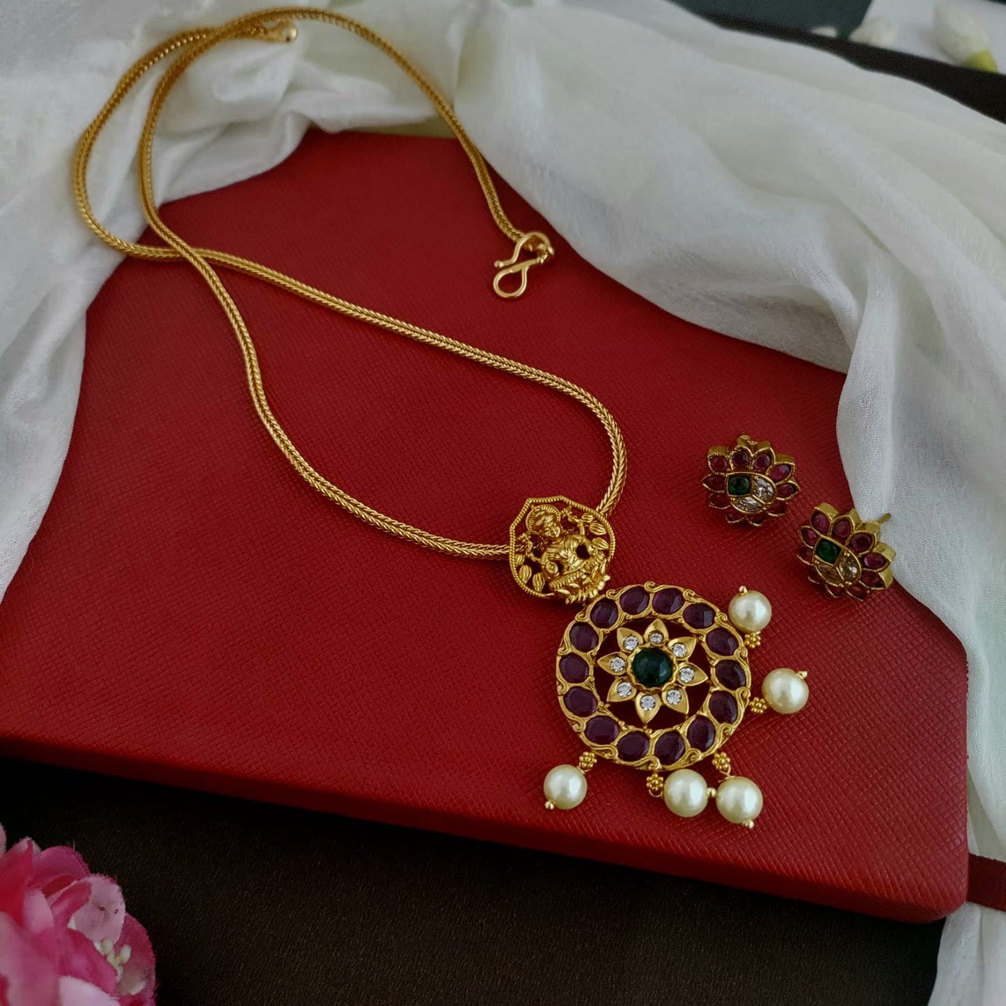 Lakshmi with ruby stone pendant chain