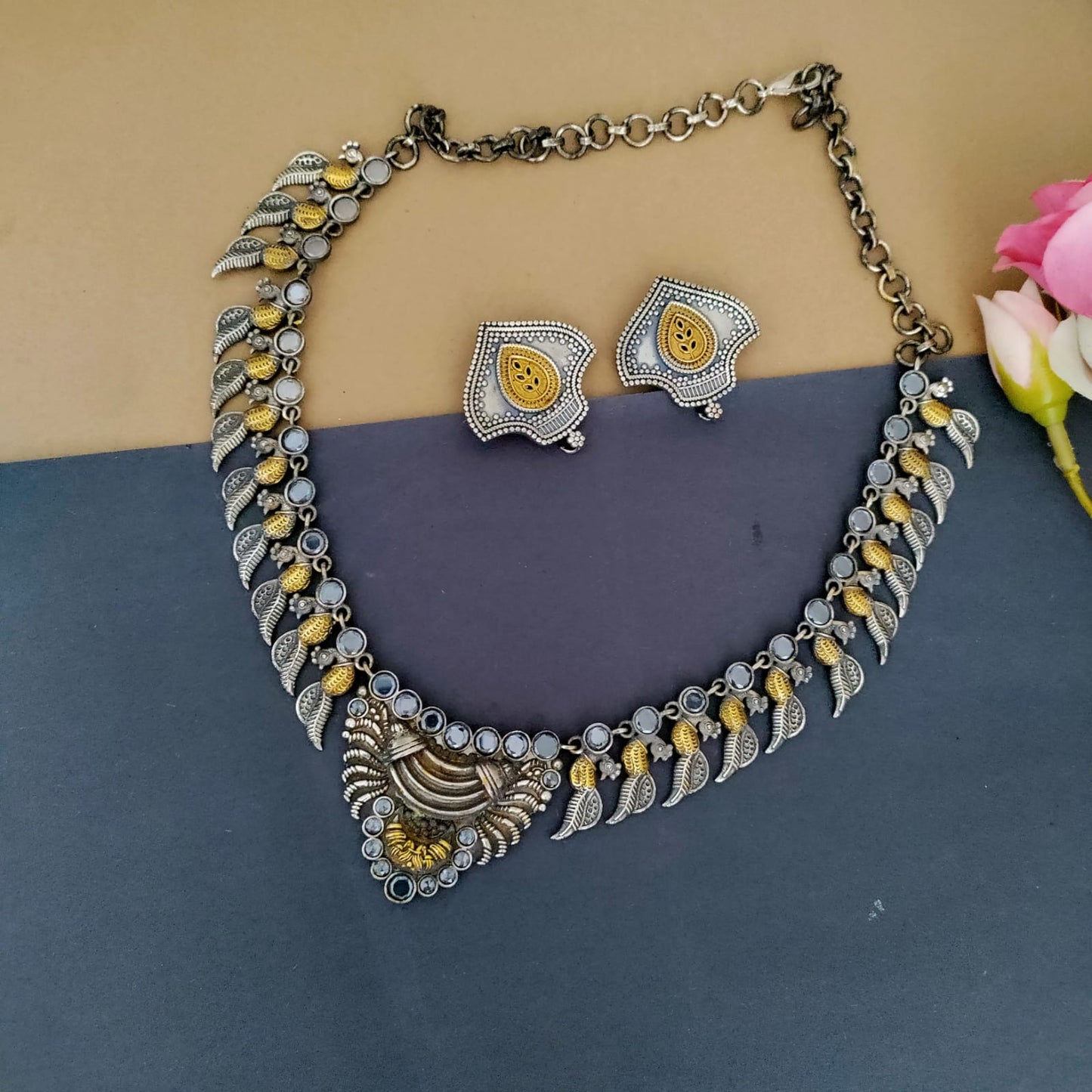 Peacock dualtone necklace set