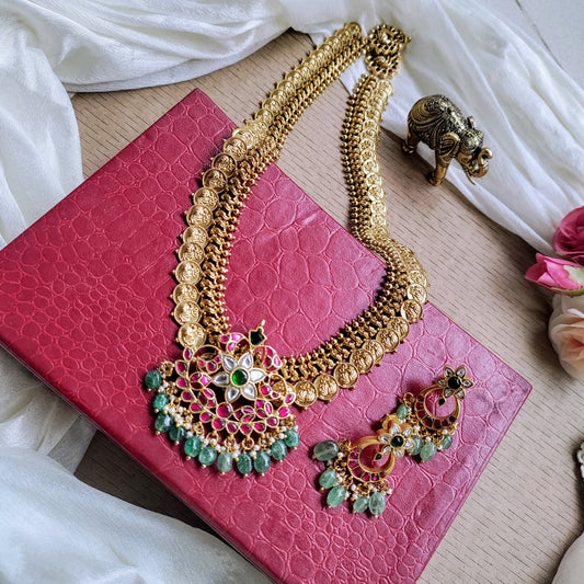 Jadau kundan peacock design necklace set with ornate shaped pendant