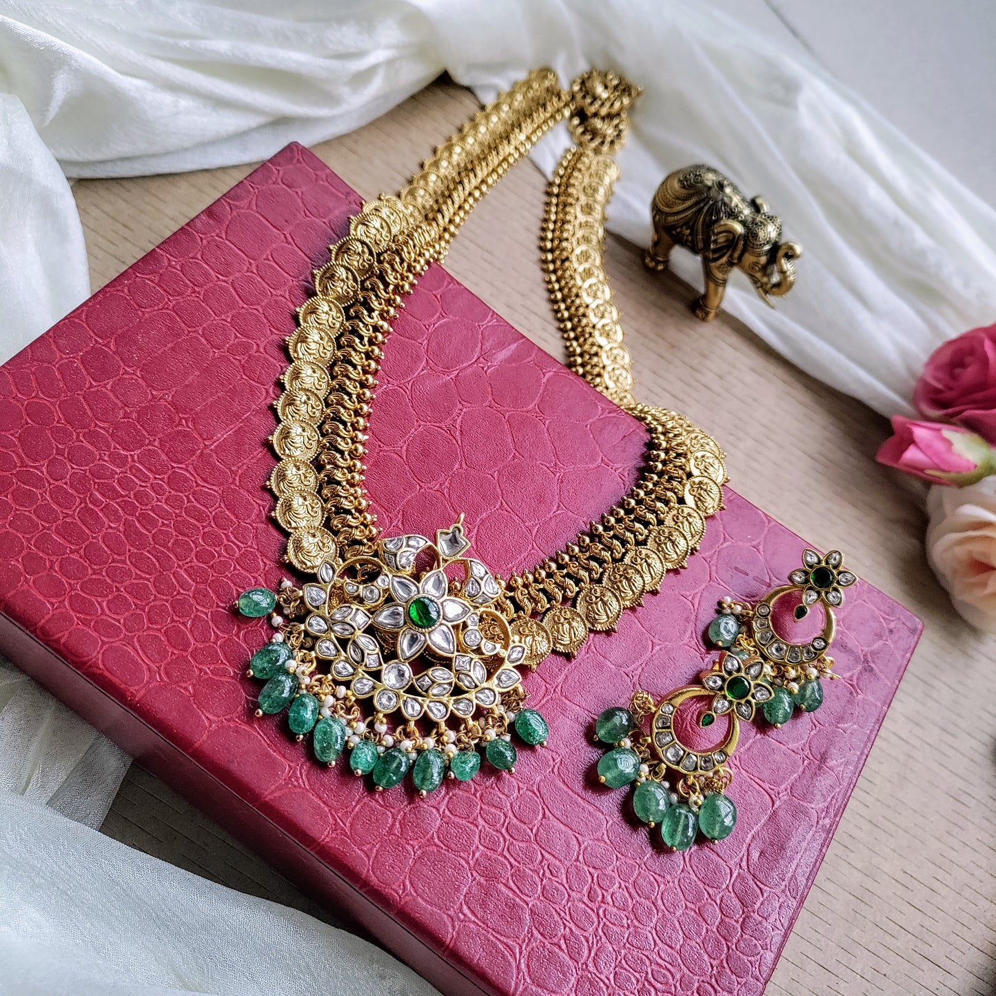 Jadau kundan peacock design necklace set with ornate shaped pendant