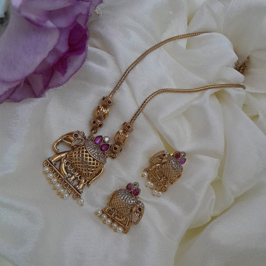 Antique finish elephant CZ stone chain set
