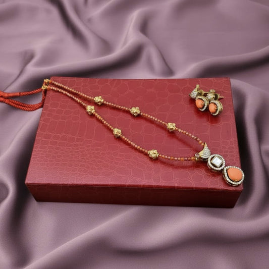 Victorian finish coral bird pendant beaded necklace set