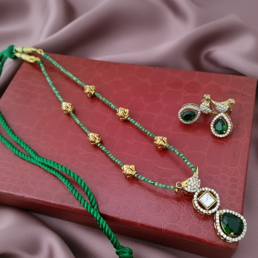 Victorian finish emerald bird pendant beaded necklace set