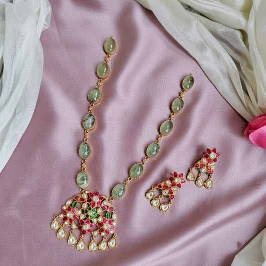 Jadau kundan flower pendant with Prehnite stone necklace