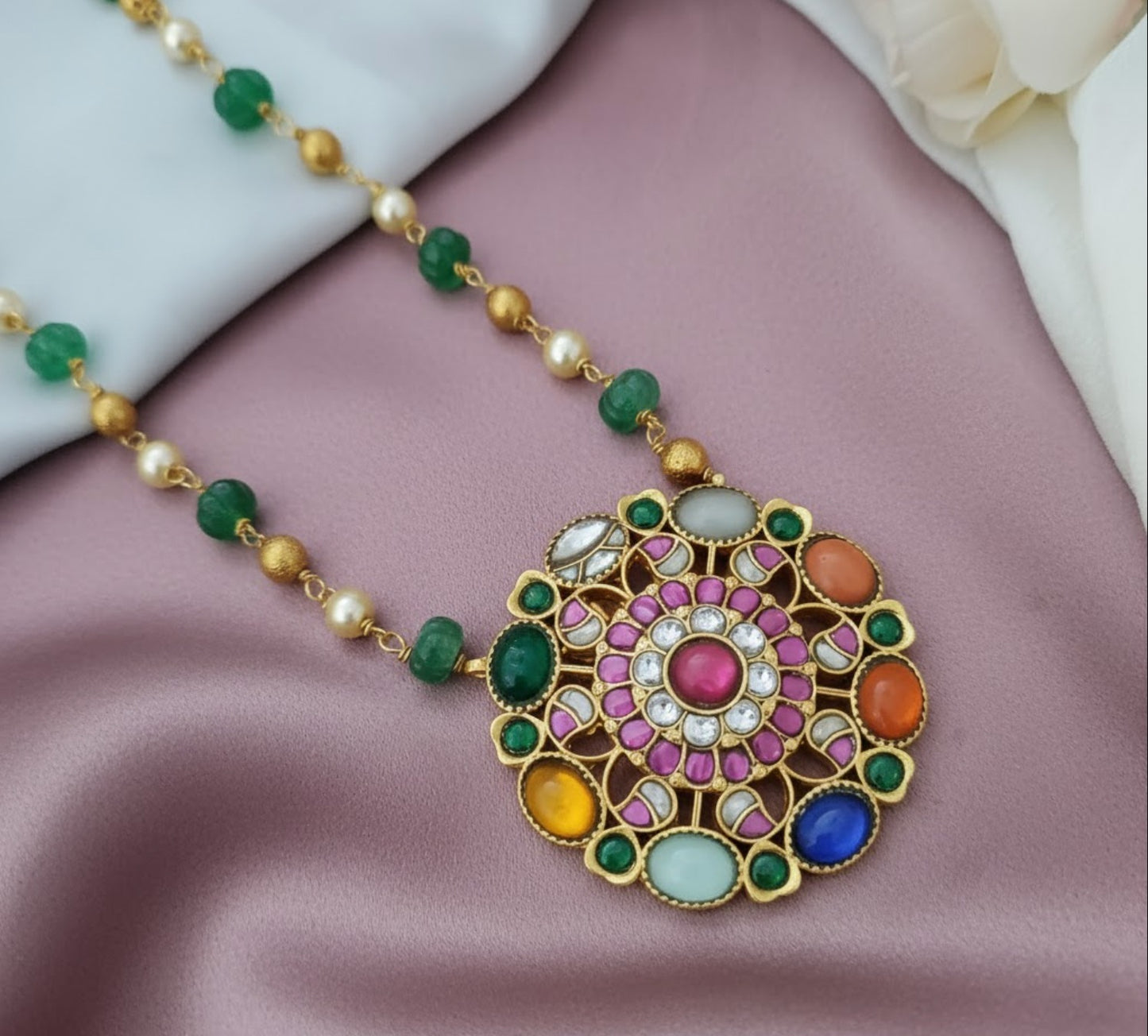 Navratna padakkam Jadau pendant bead chain set