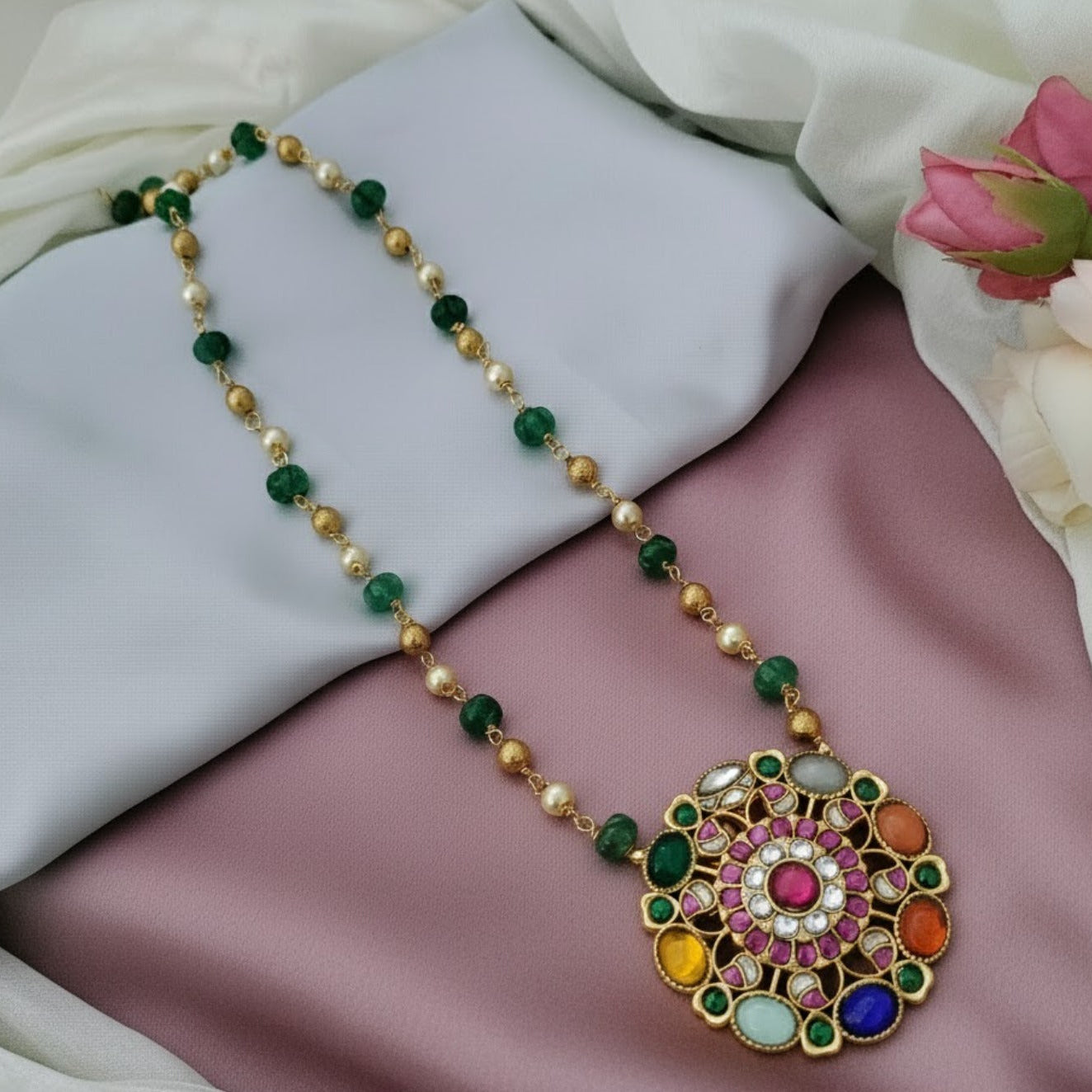 Navratna padakkam Jadau pendant bead chain set