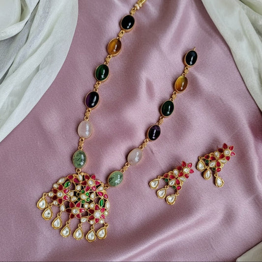 Jadau kundan flower pendant with semiprecious stone necklace