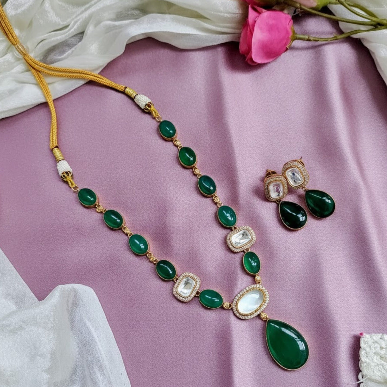 Emerald drop Jadau kundan fusion necklace