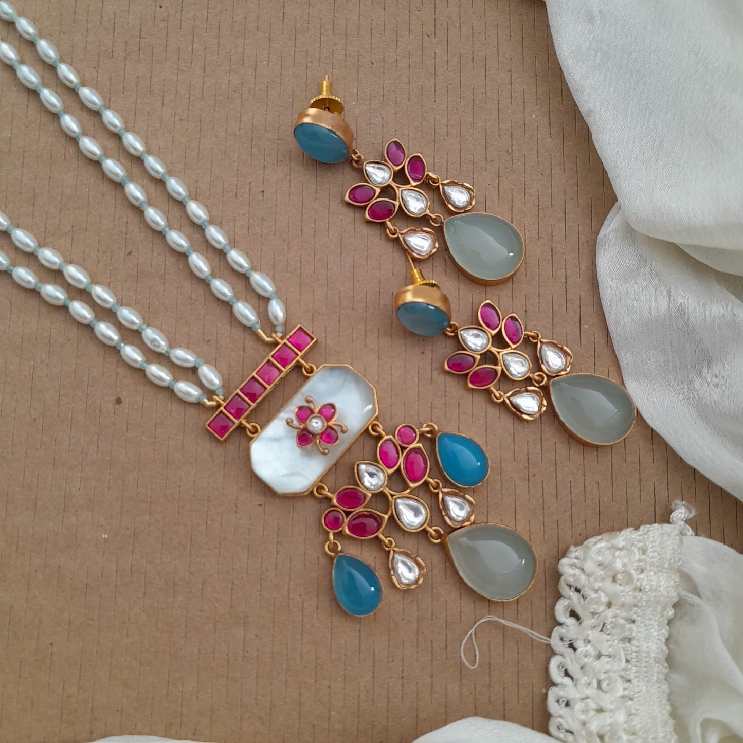 2 Layered pearl with Jadau kundan Fusion pendant necklace