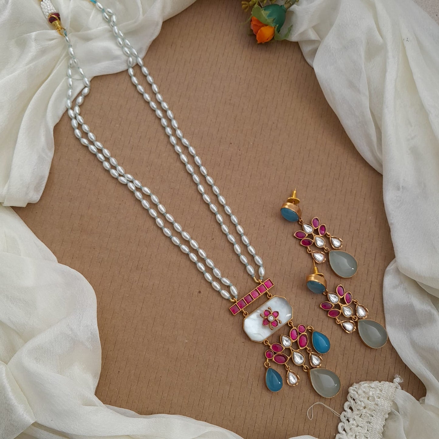 2 Layered pearl with Jadau kundan Fusion pendant necklace