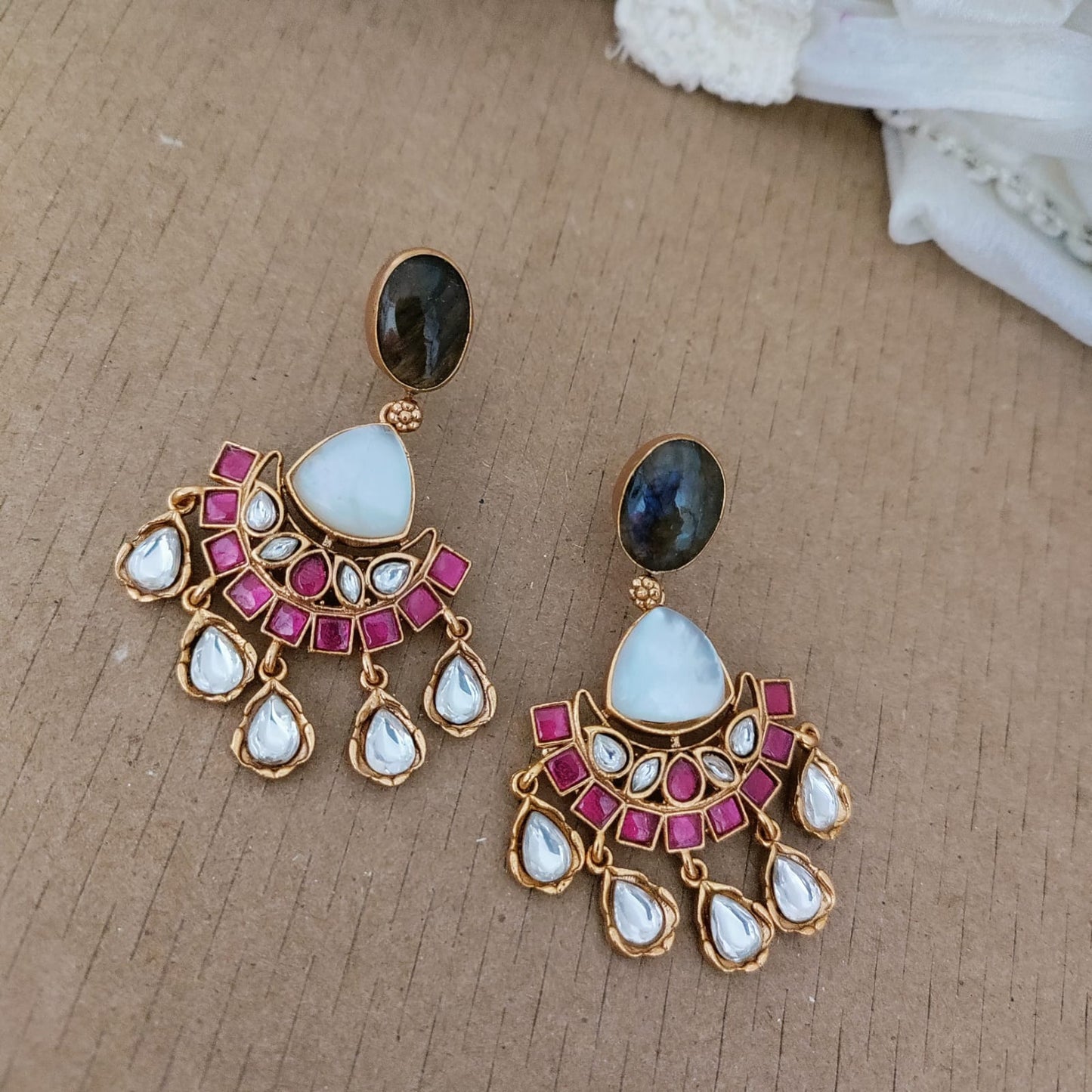 Jadau kundan Cresent shaped pendant with Labradorite stone necklace