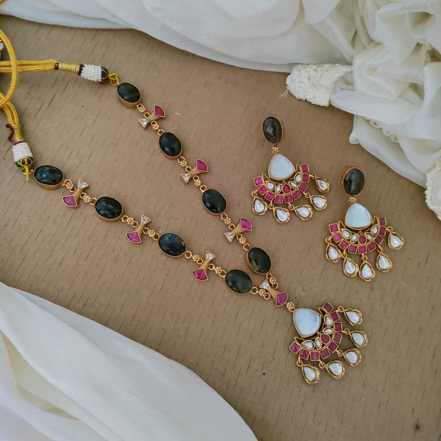 Jadau kundan Cresent shaped pendant with Labradorite stone necklace