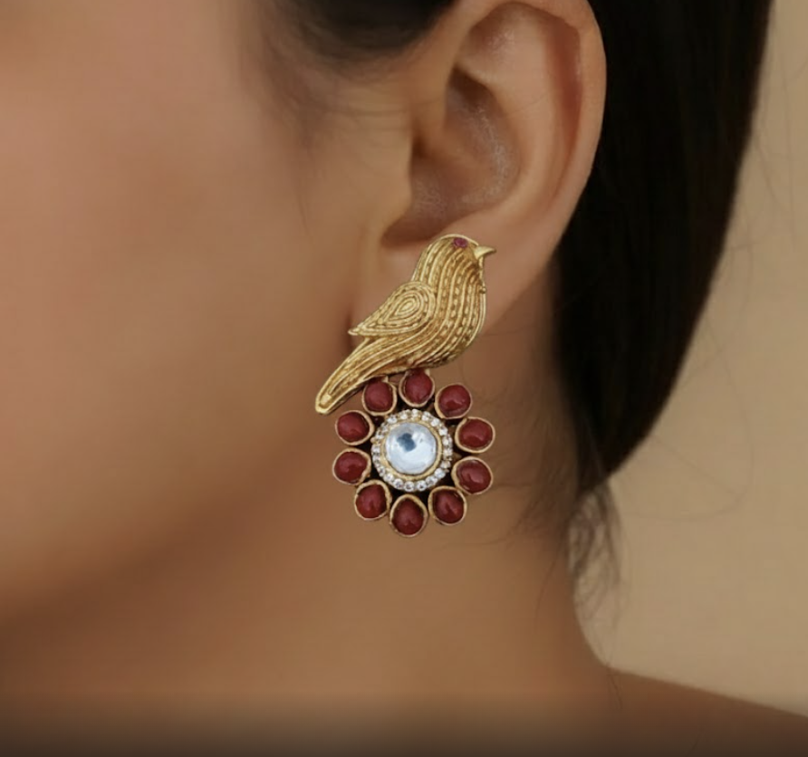 Coral stone studded bird earring