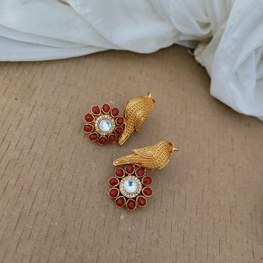 Coral stone studded bird earring