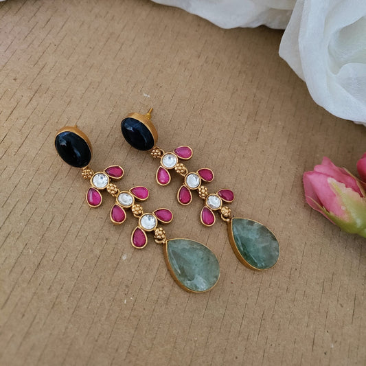 Long Jadau kundan with Prehnite stone drop