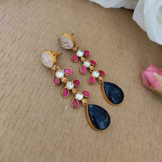 Long Jadau kundan with lapis stone drop