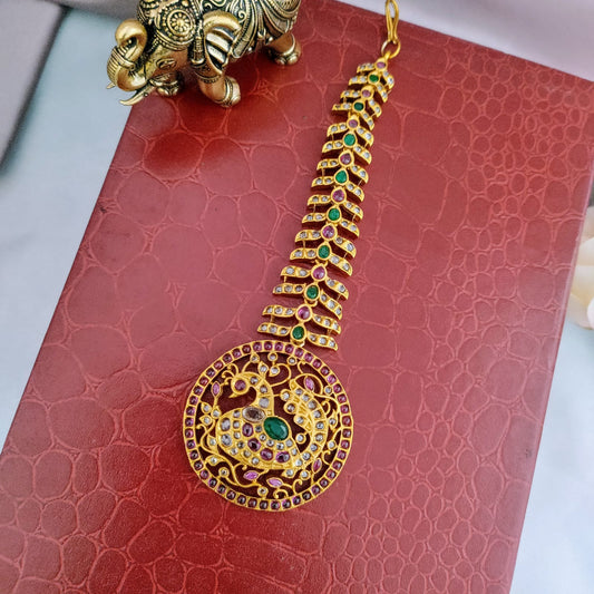 Peacock kemp ruby stone maang tikka