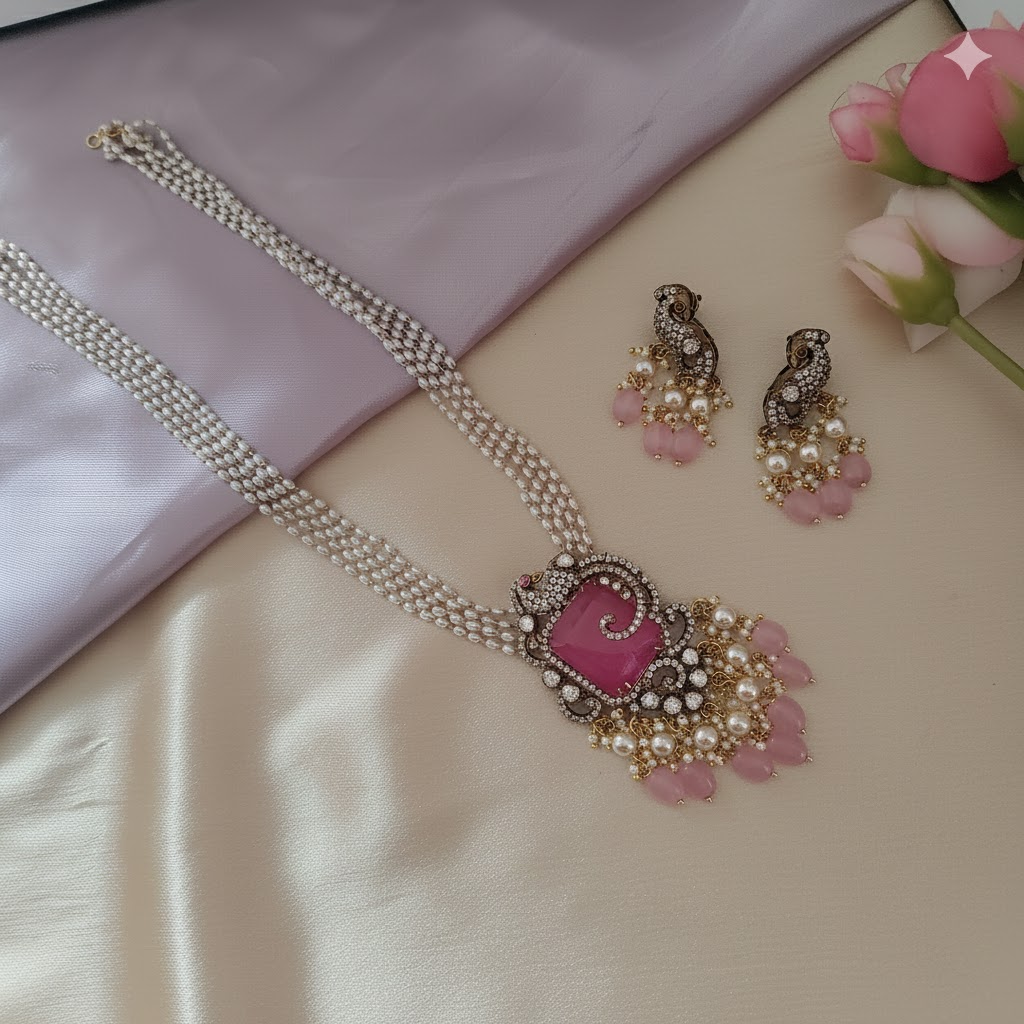 AD stone peacock pearl pendant chain set