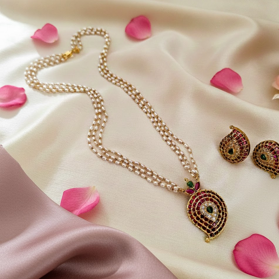 3layer pearl mango shaped pendant chain set