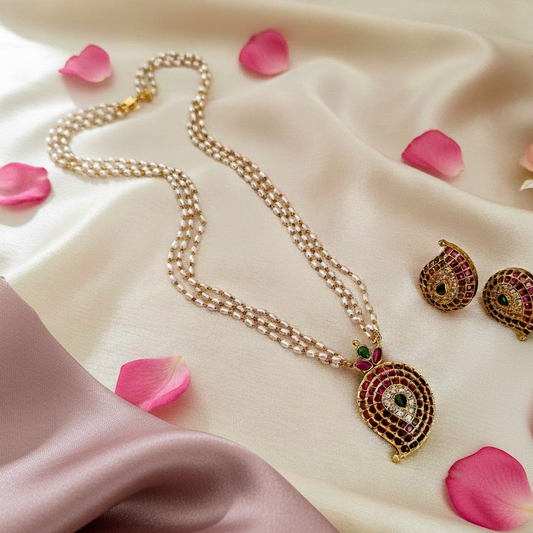 3layer pearl mango shaped pendant chain set