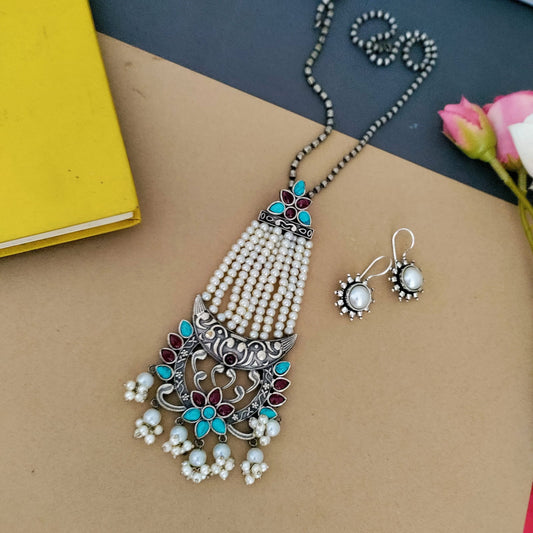 Pearl pendant long chain set