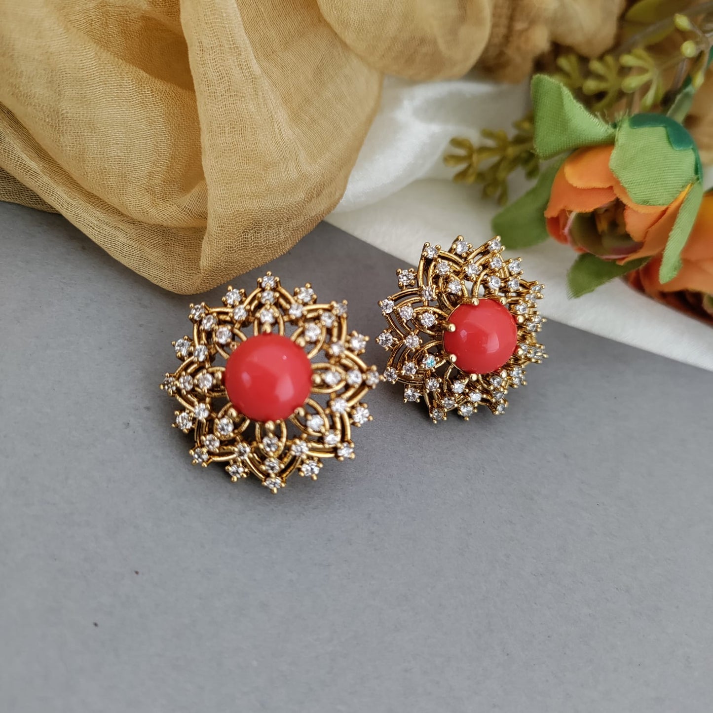 Flower coral stone stud