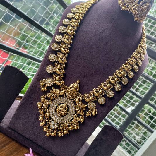 Amazing Long Lakshmi temple necklace set in white stone