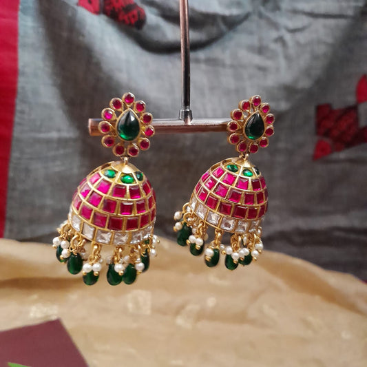Bridal jadau jumkha ruby with green