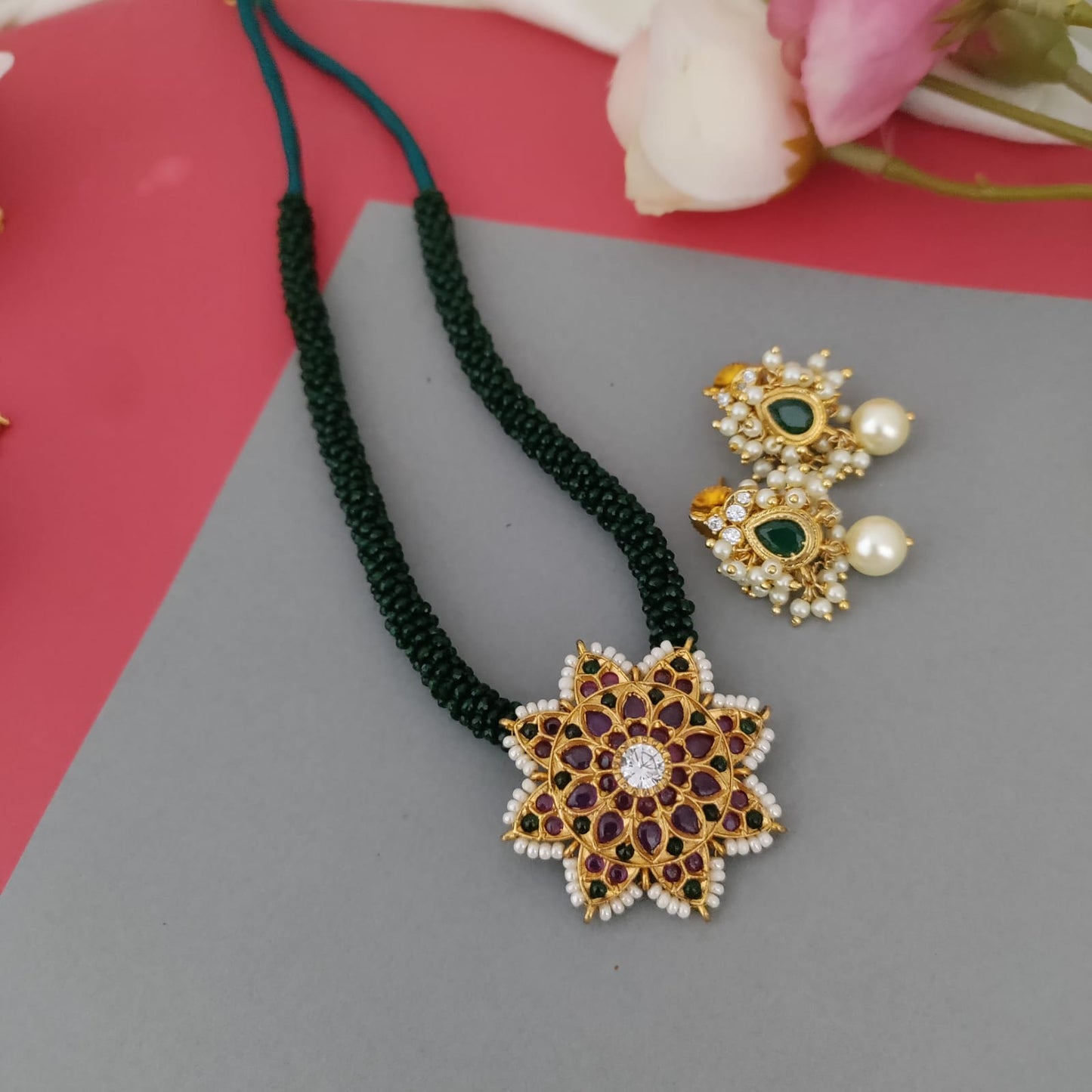 Kemp ruby pendant black beaded chain set