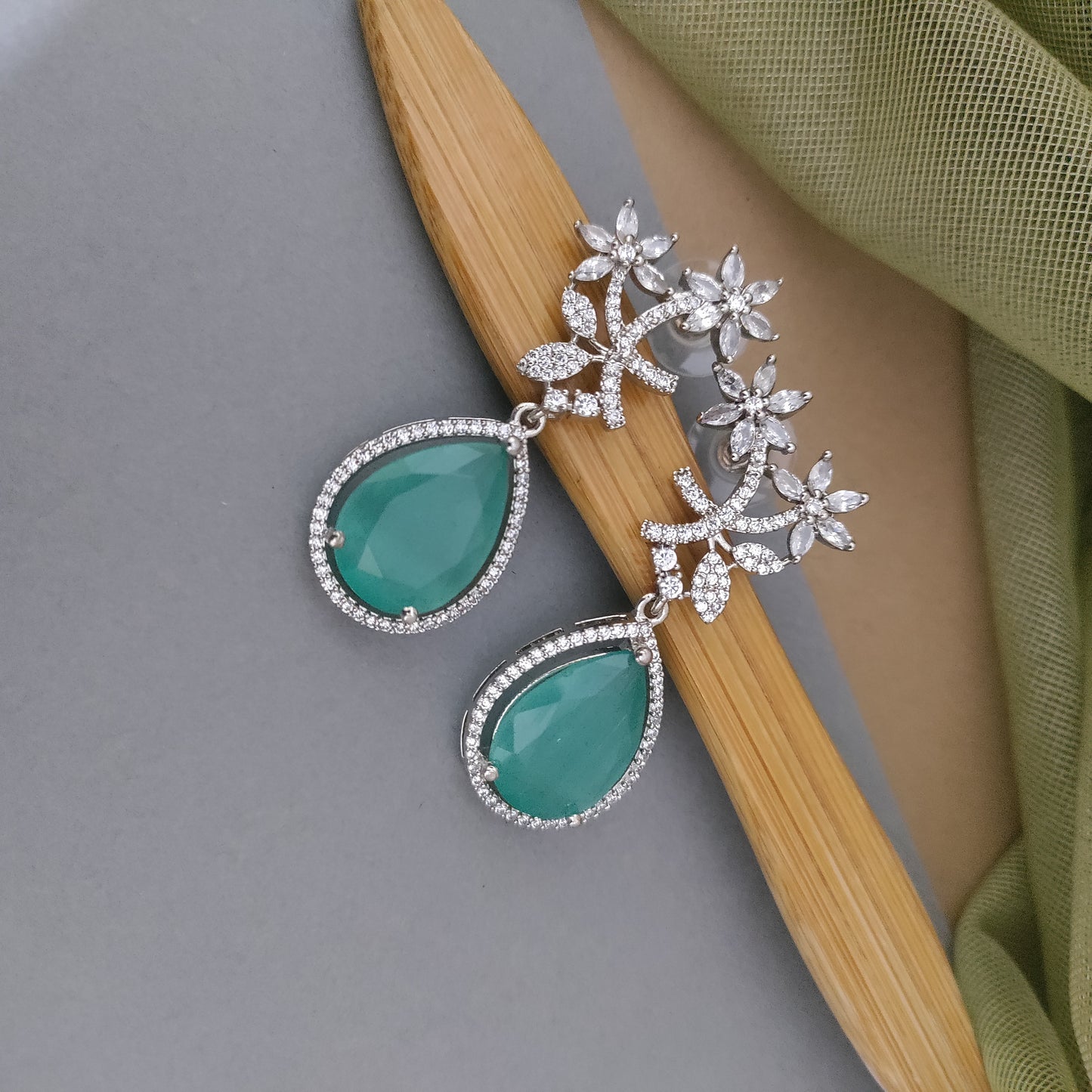Floral drop CZ stone stud