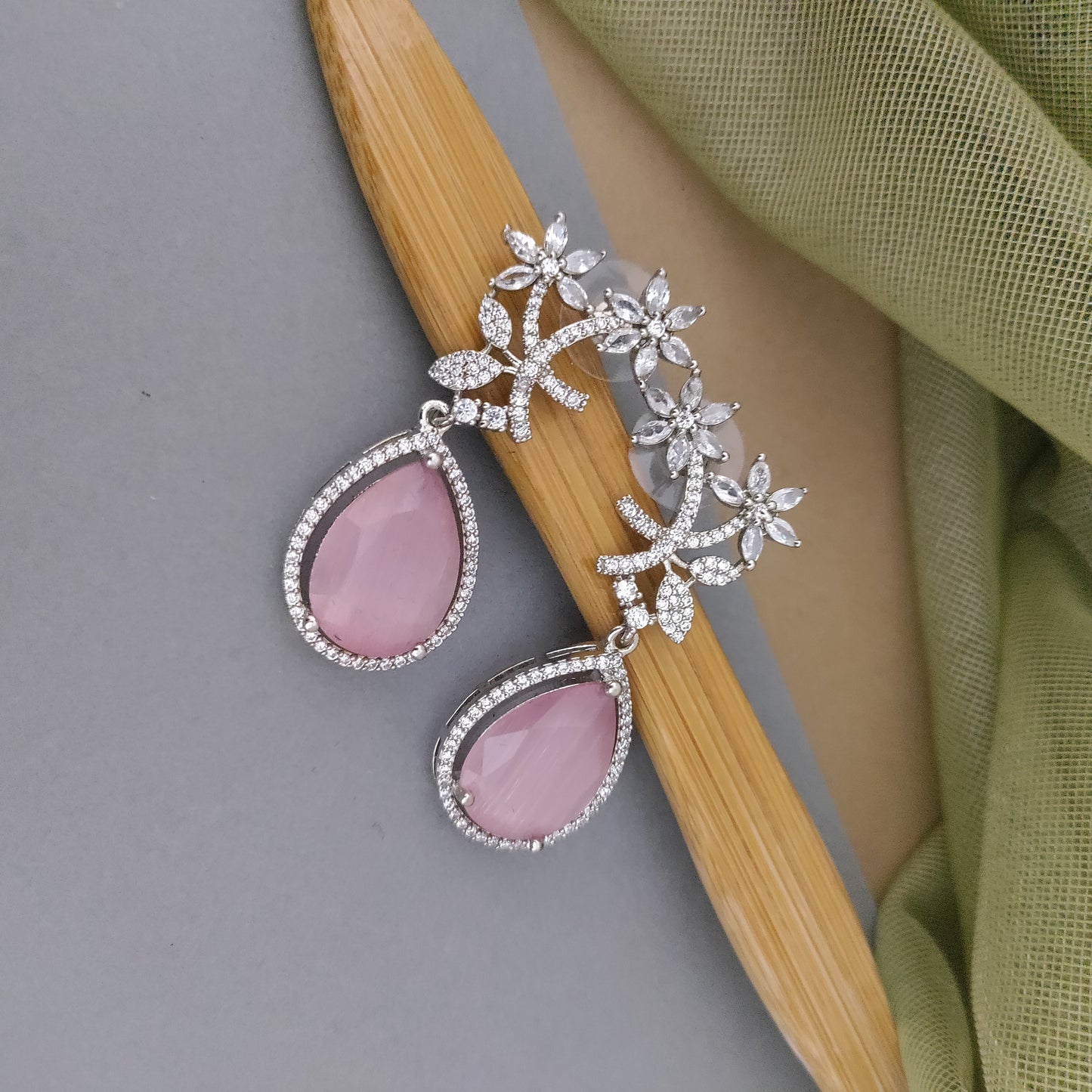 Floral drop CZ stone stud